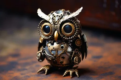 Steampunk Mechanical Owl Figurine On Textured Surface