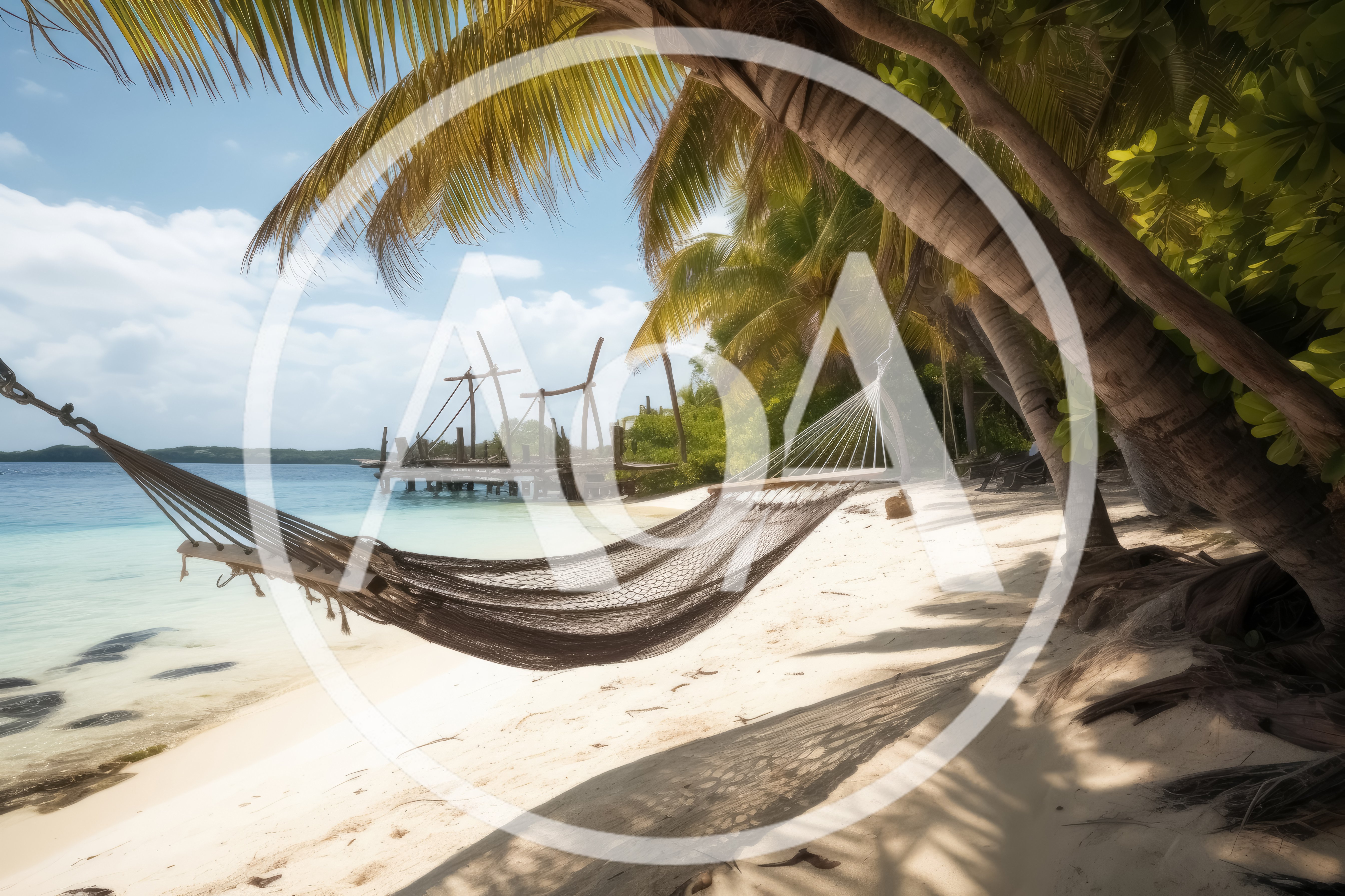 Empty Hammock Hanging Between Palm Trees On Tropical Beach