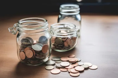 Glass Jars Filled With Assorted Coins On Wooden Table