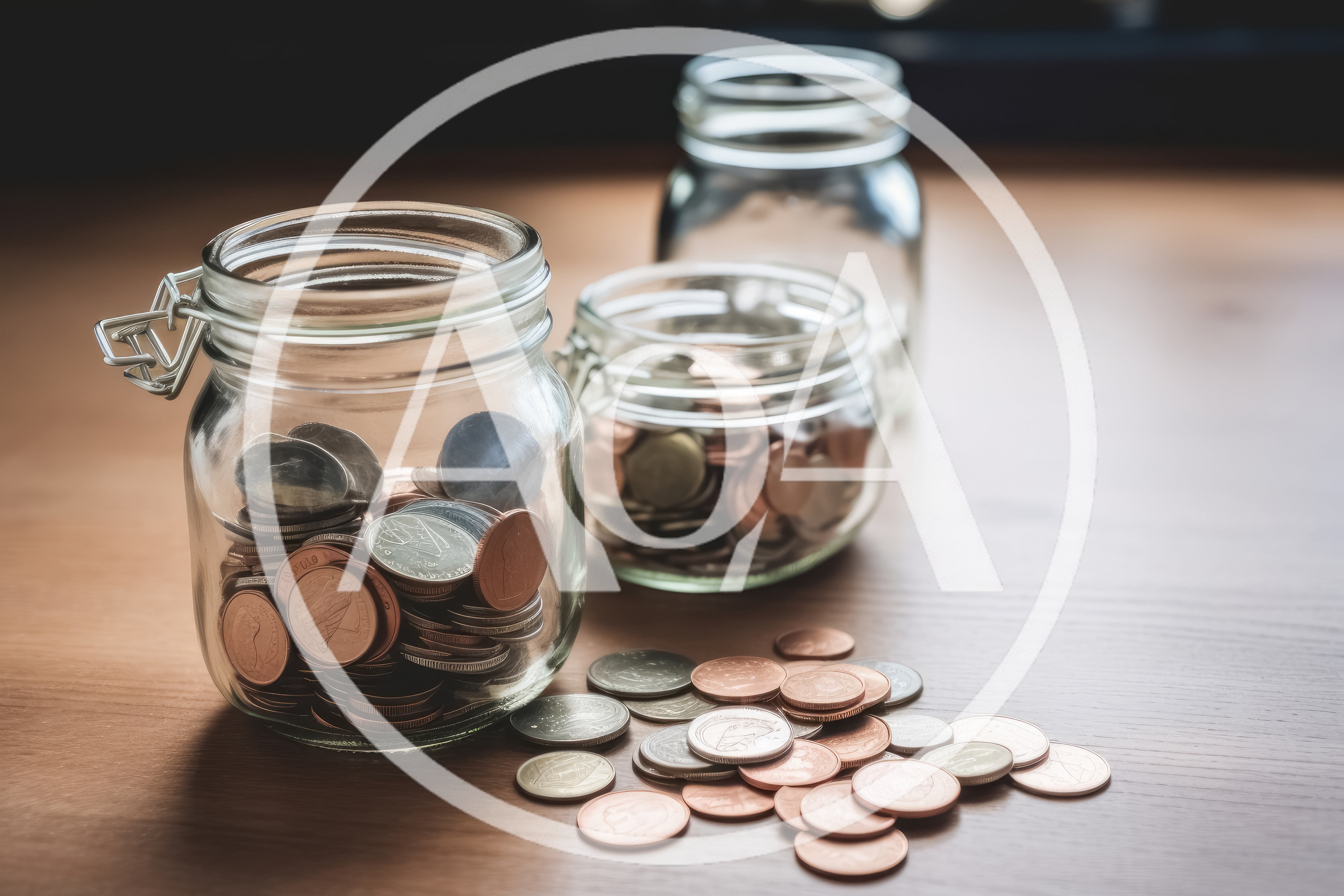 Glass Jars Filled With Assorted Coins On Wooden Table
