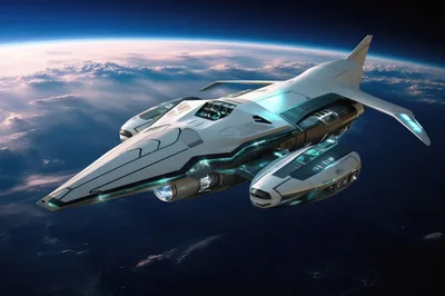 Futuristic White Spaceship Orbiting Above Earth