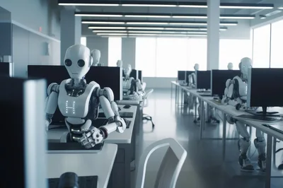 Humanoid Robots Working at Computers in Modern Office