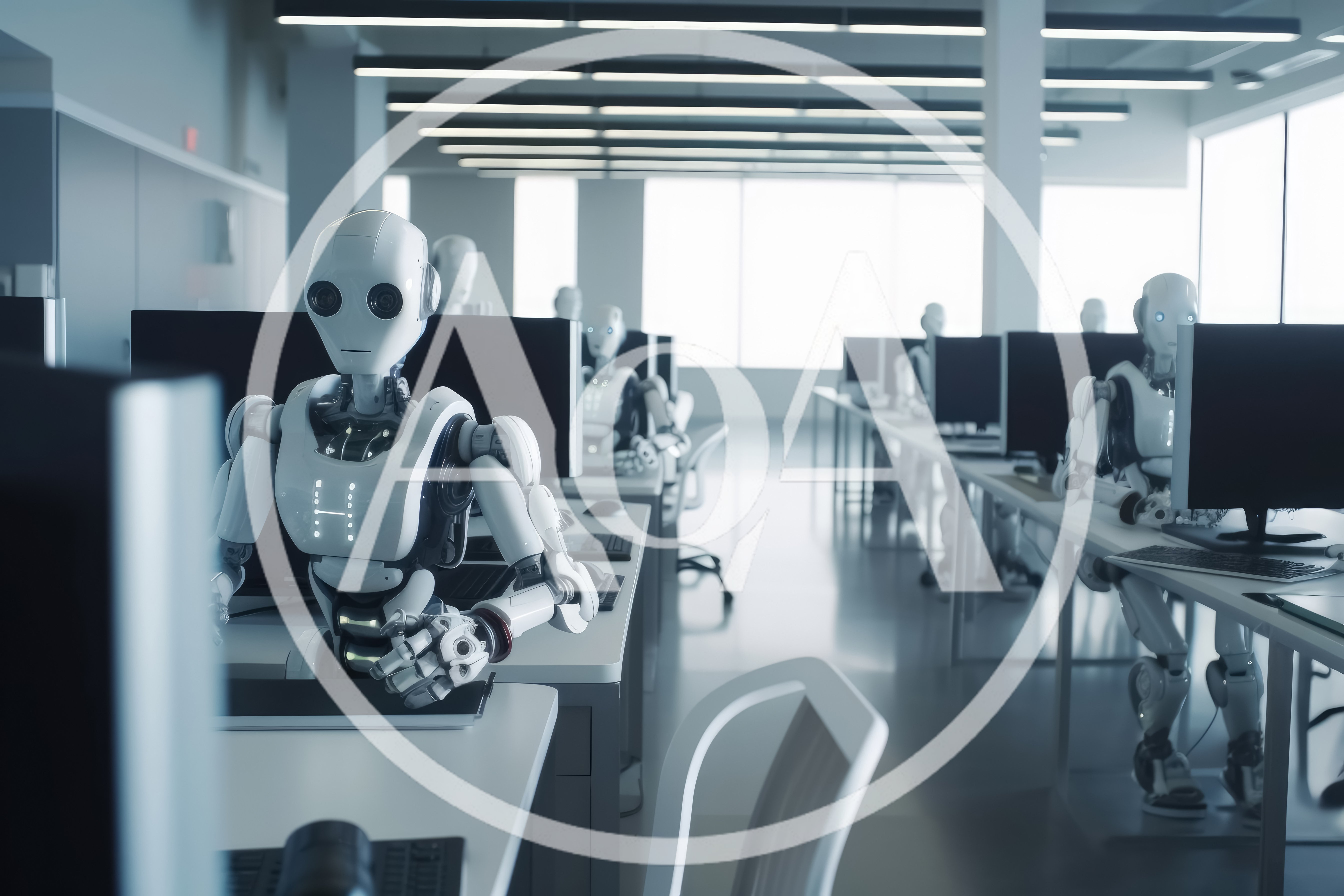 Humanoid Robots Working at Computers in Modern Office
