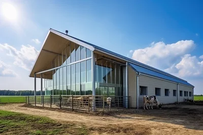 Modern Glass Farm Building With Grazing Cow