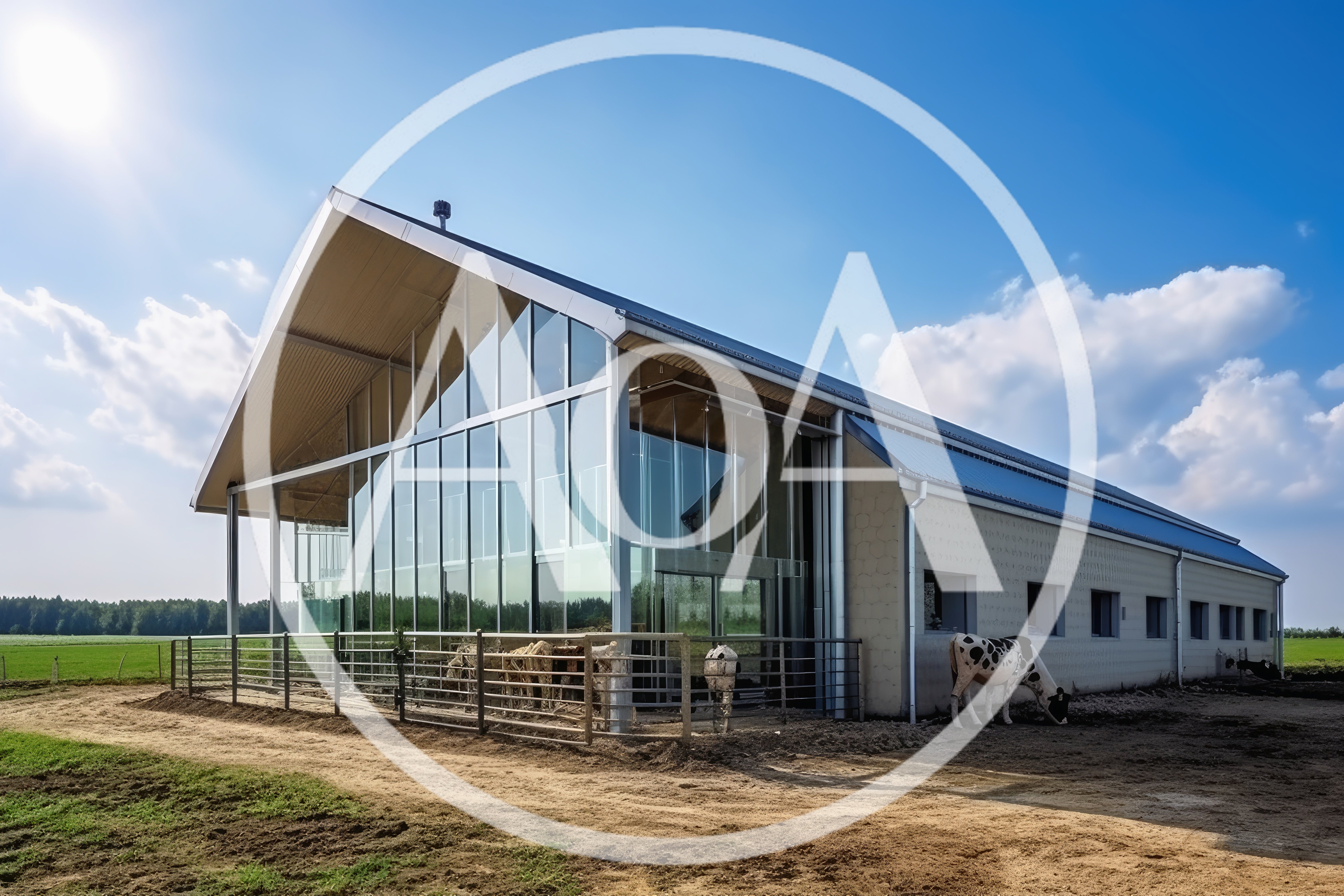 Modern Glass Farm Building With Grazing Cow