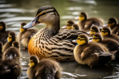 Mother Mallard Duck Swimming With Her Ducklings