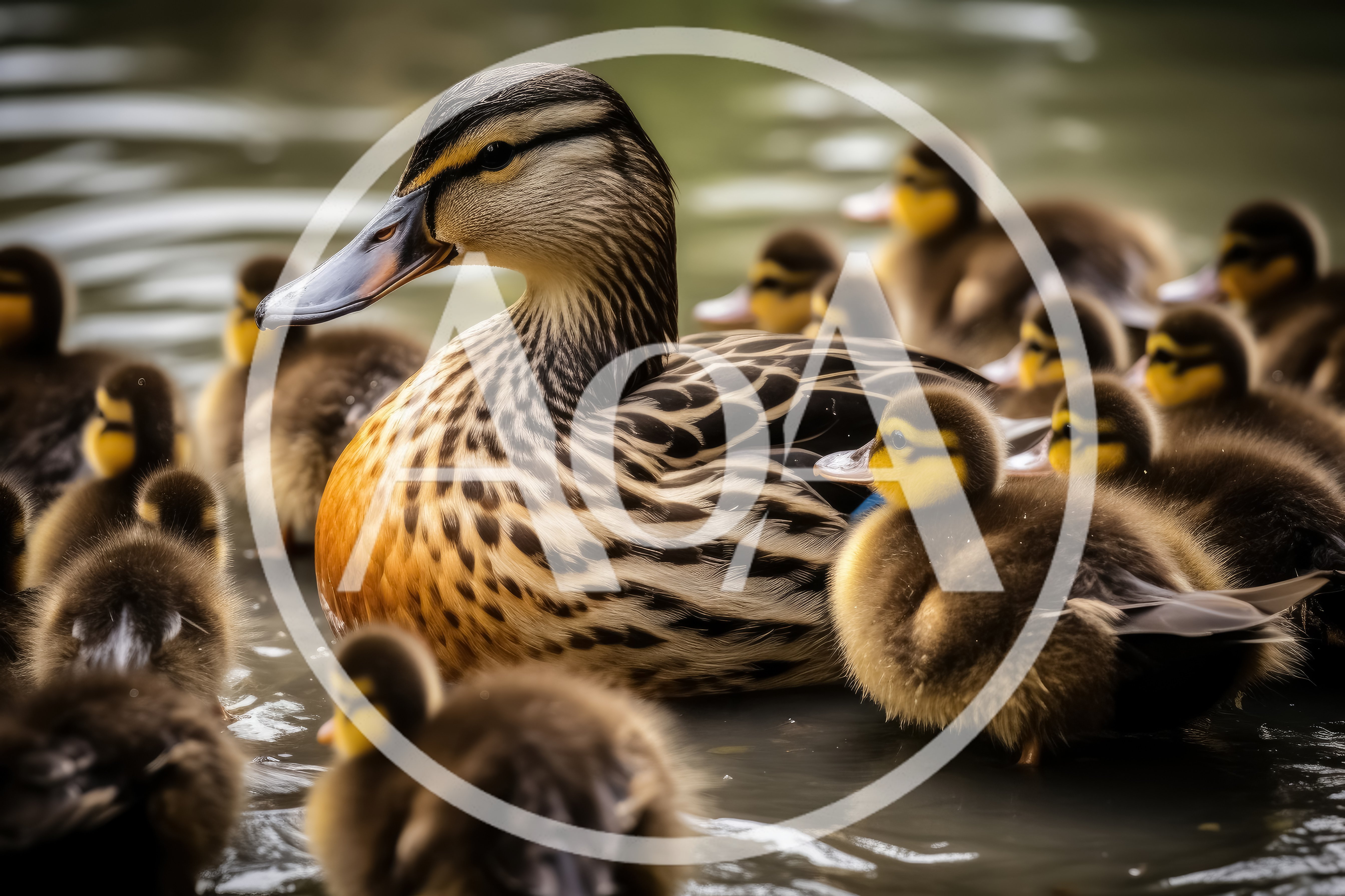 Mother Mallard Duck Swimming With Her Ducklings