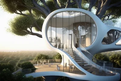 Futuristic Modern Treehouse Architecture In Lush Forest