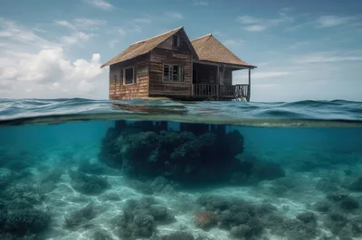 Split Level View Of A Wooden House On Coral