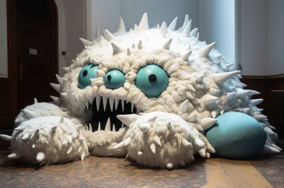 Large Fluffy White Monster Sculpture In Gallery