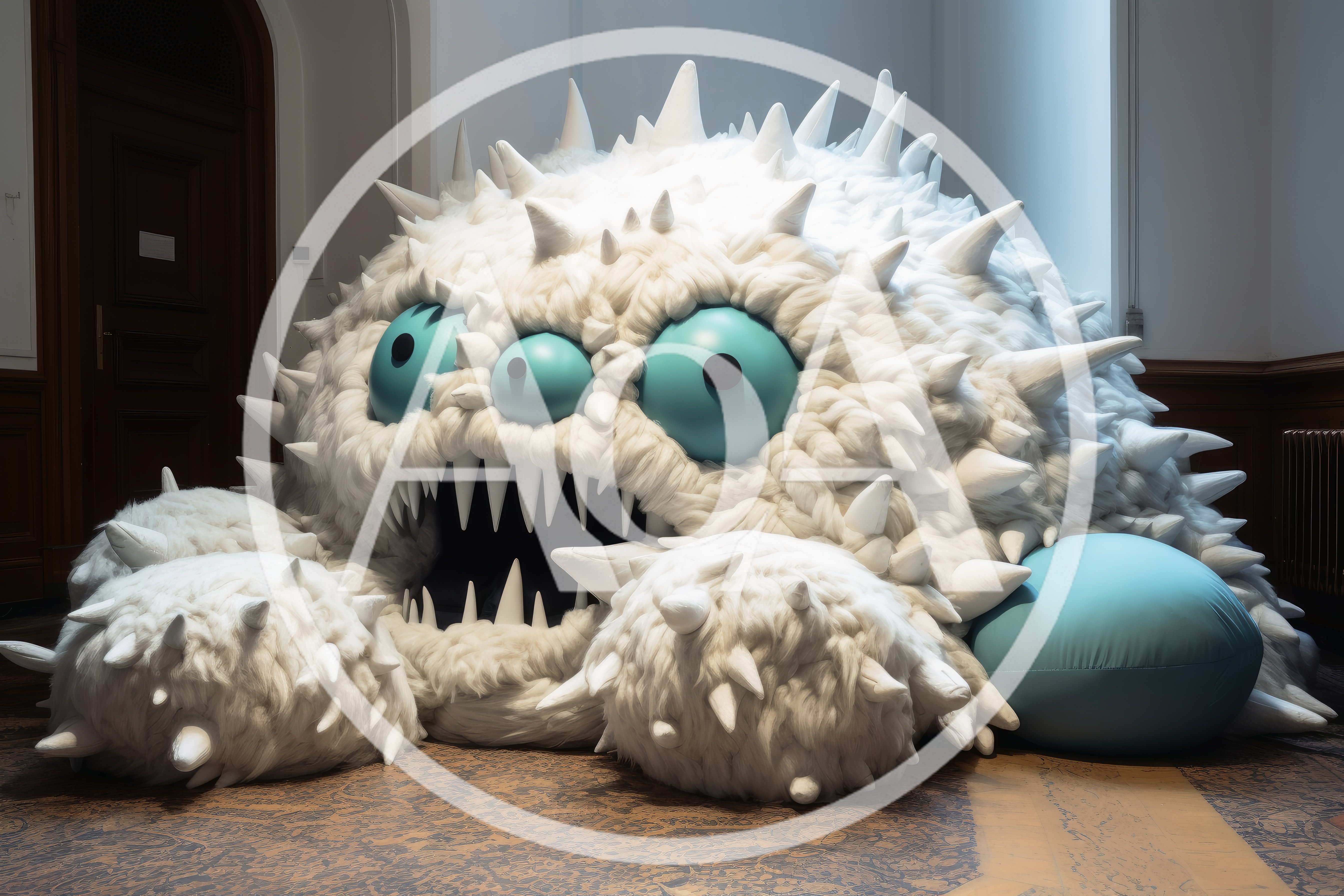 Large Fluffy White Monster Sculpture In Gallery