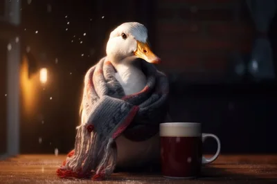 Cozy White Duck Wearing A Scarf With Hot Beverage