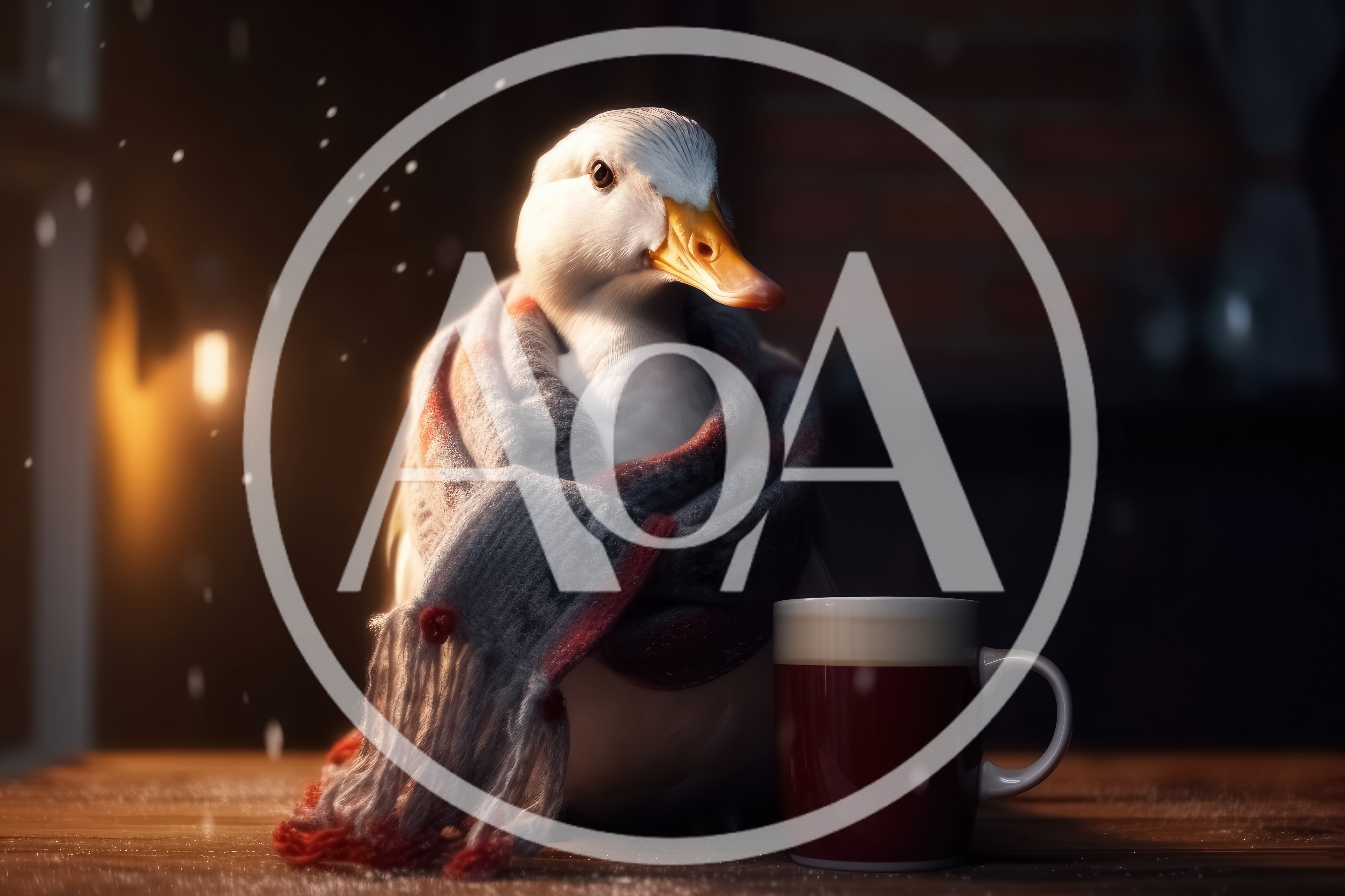 Cozy White Duck Wearing A Scarf With Hot Beverage