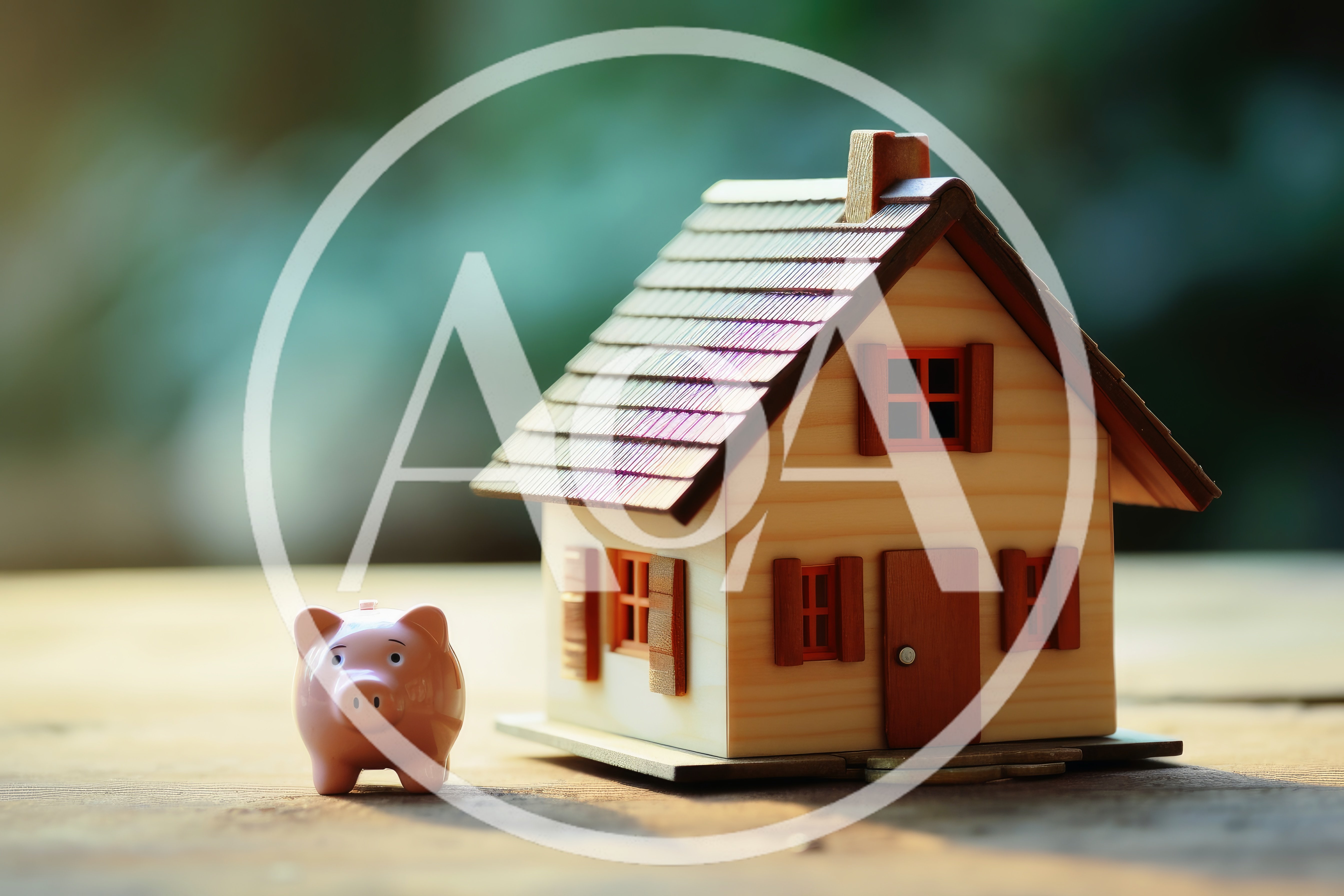 Miniature House Model And Piggy Bank On Wooden Table