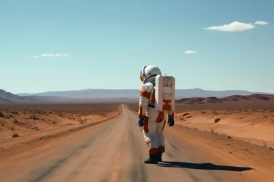 Astronaut Walking Alone On A Desert Highway