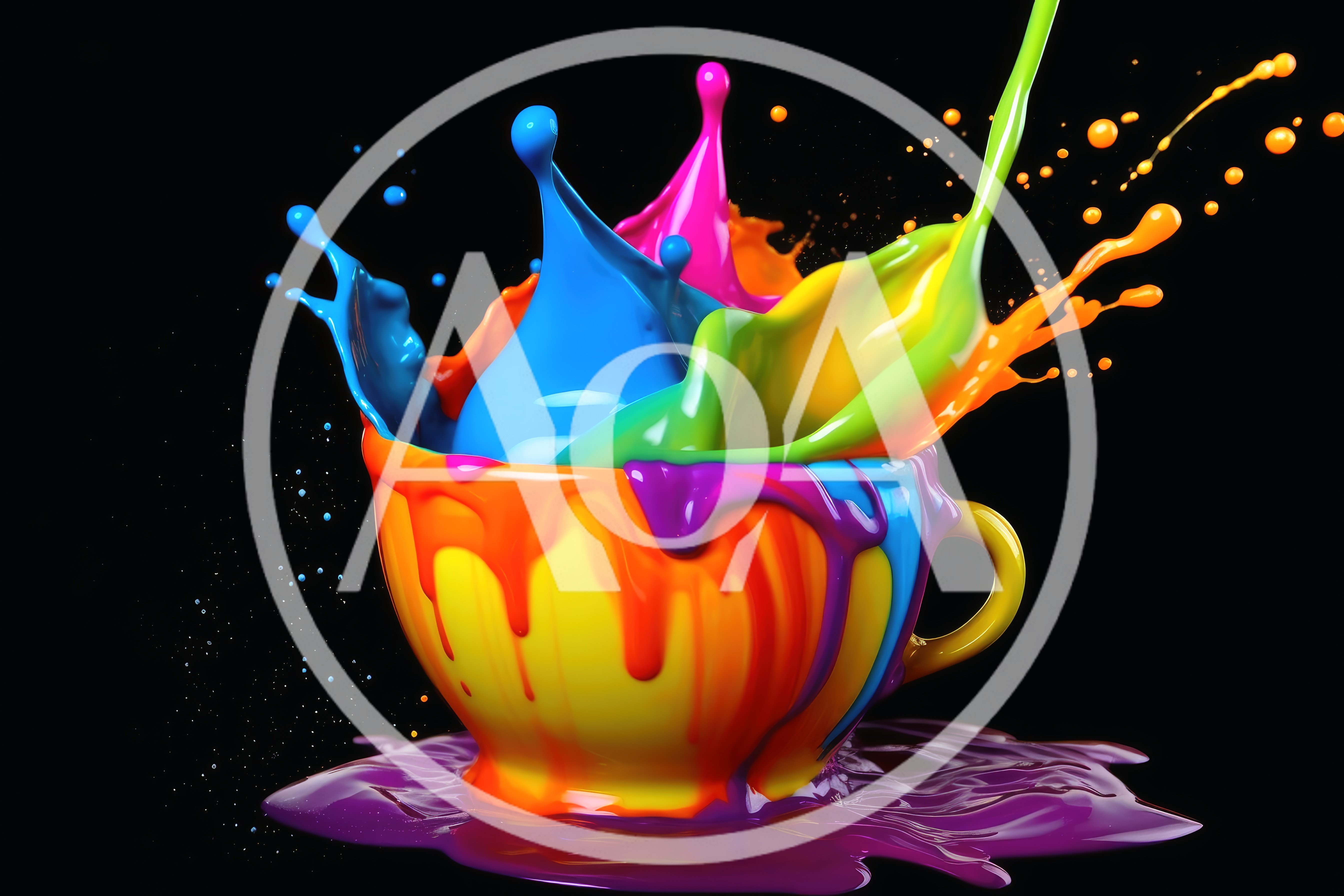Vibrant Multi-Colored Paint Splashing From A Ceramic Cup