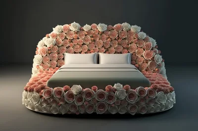 Luxurious Bed Decorated With Pink And White Roses