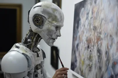 Humanoid Robot Painting Abstract Art In A Gallery