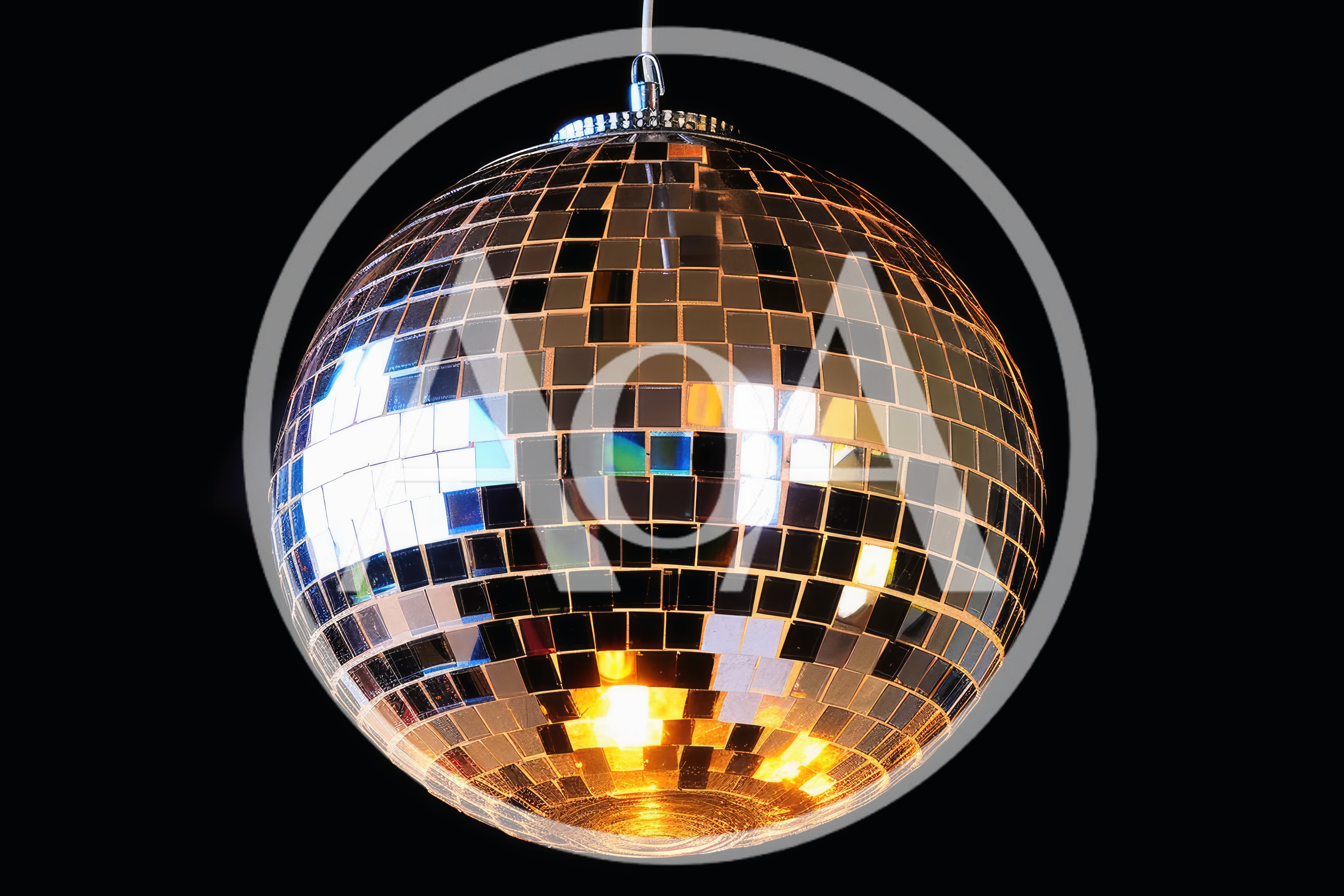 Reflective Disco Ball Hanging Against Black Background