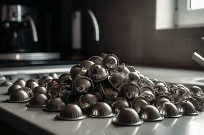 Pile Of Used Aluminum Coffee Capsules On Kitchen Counter