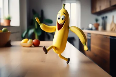 Animated Banana Character Dancing On Kitchen Counter