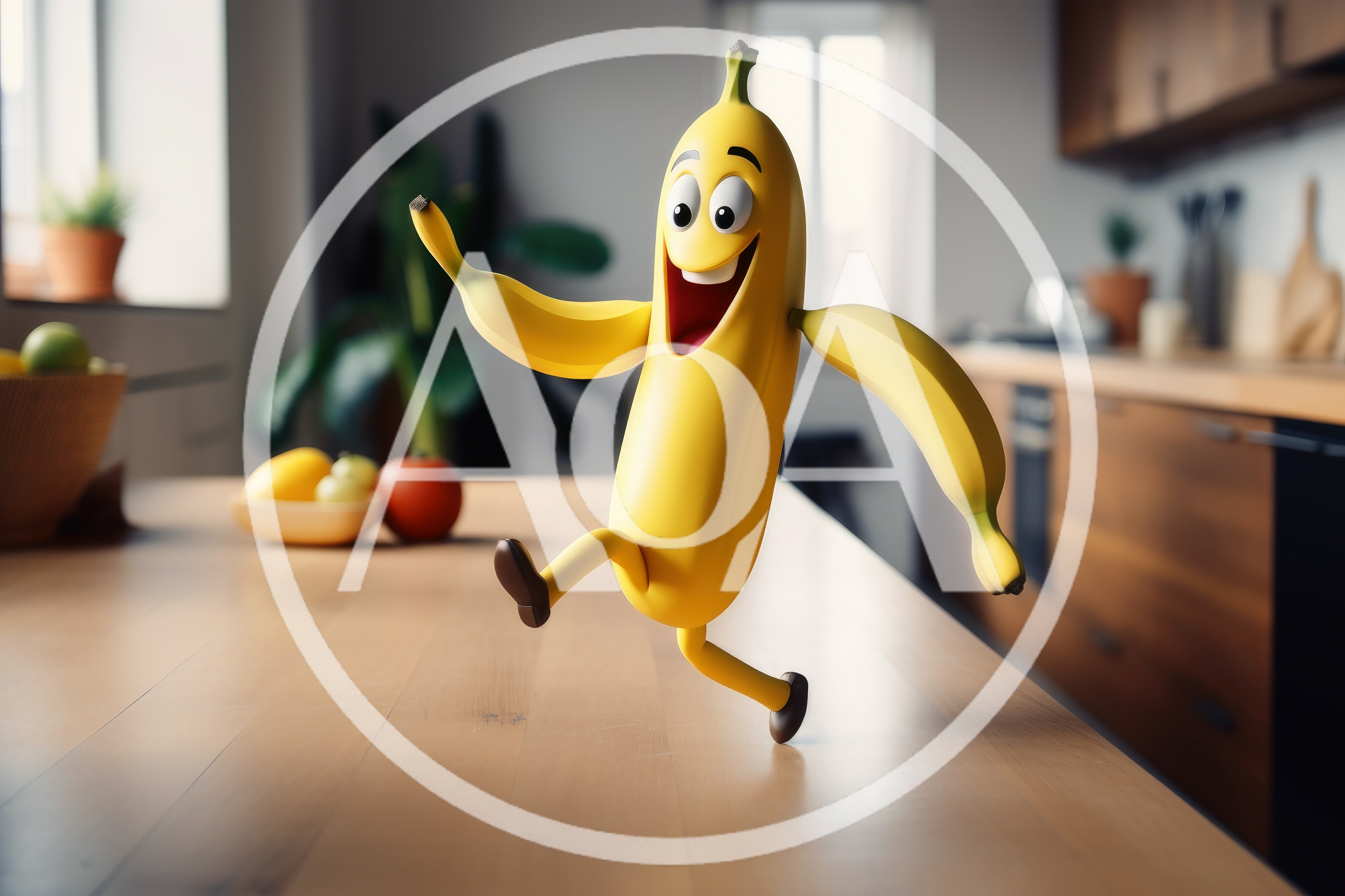 Animated Banana Character Dancing On Kitchen Counter