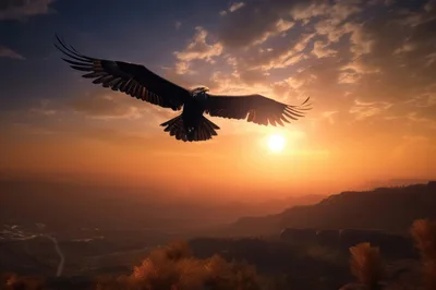 Majestic Eagle Flying Over Mountain Landscape At Sunset