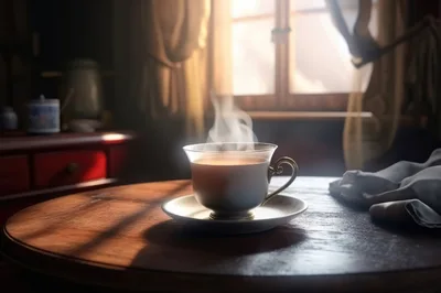 Steaming Cup Of Tea On A Wooden Table