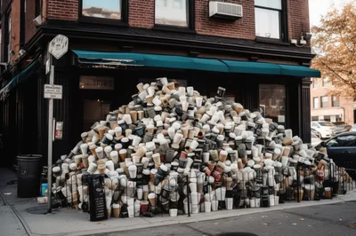 Massive Pile Of Discarded Coffee Cups On City Sidewalk