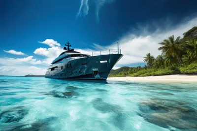 Luxury Superyacht Anchored Near Tropical Island Beach