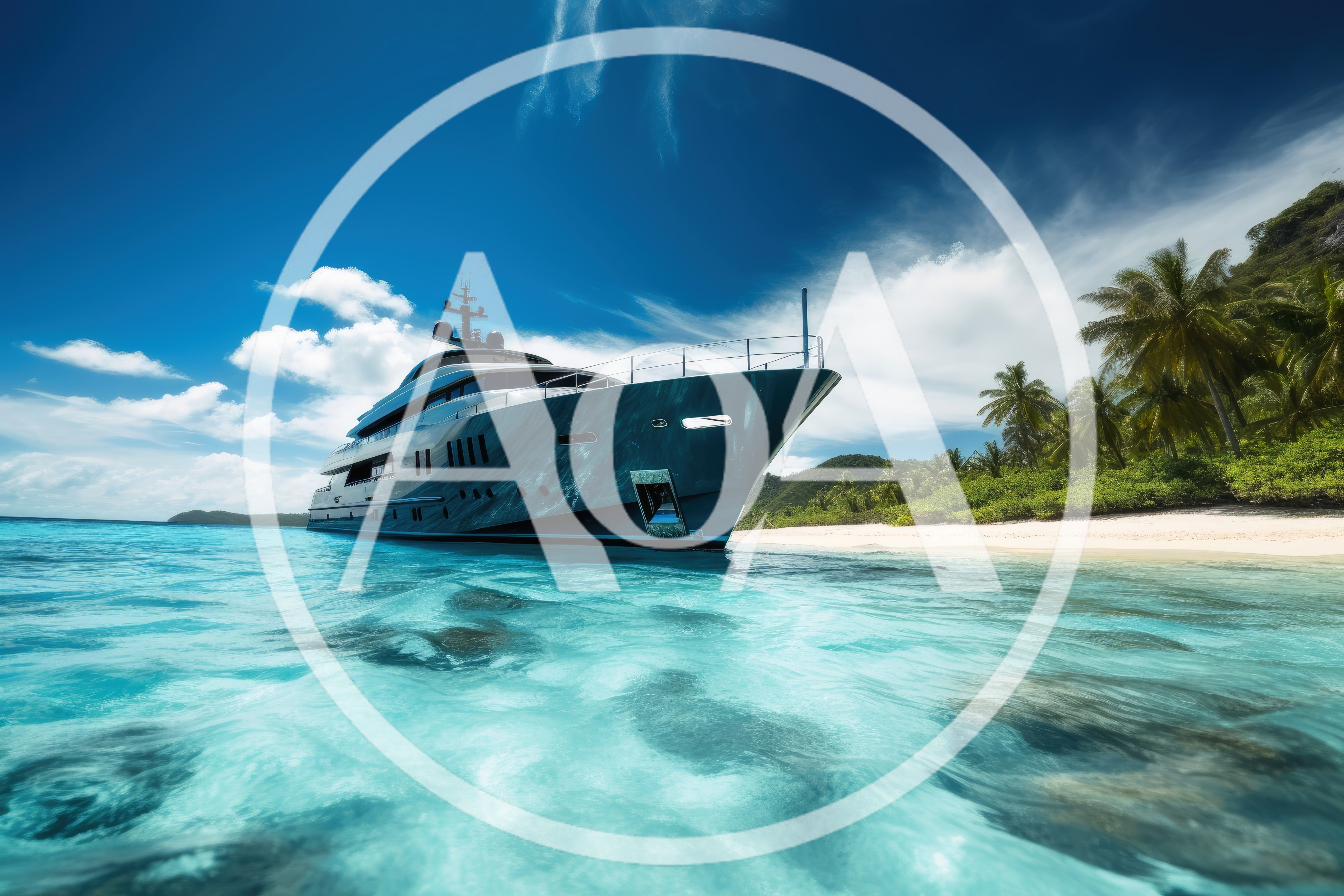 Luxury Superyacht Anchored Near Tropical Island Beach