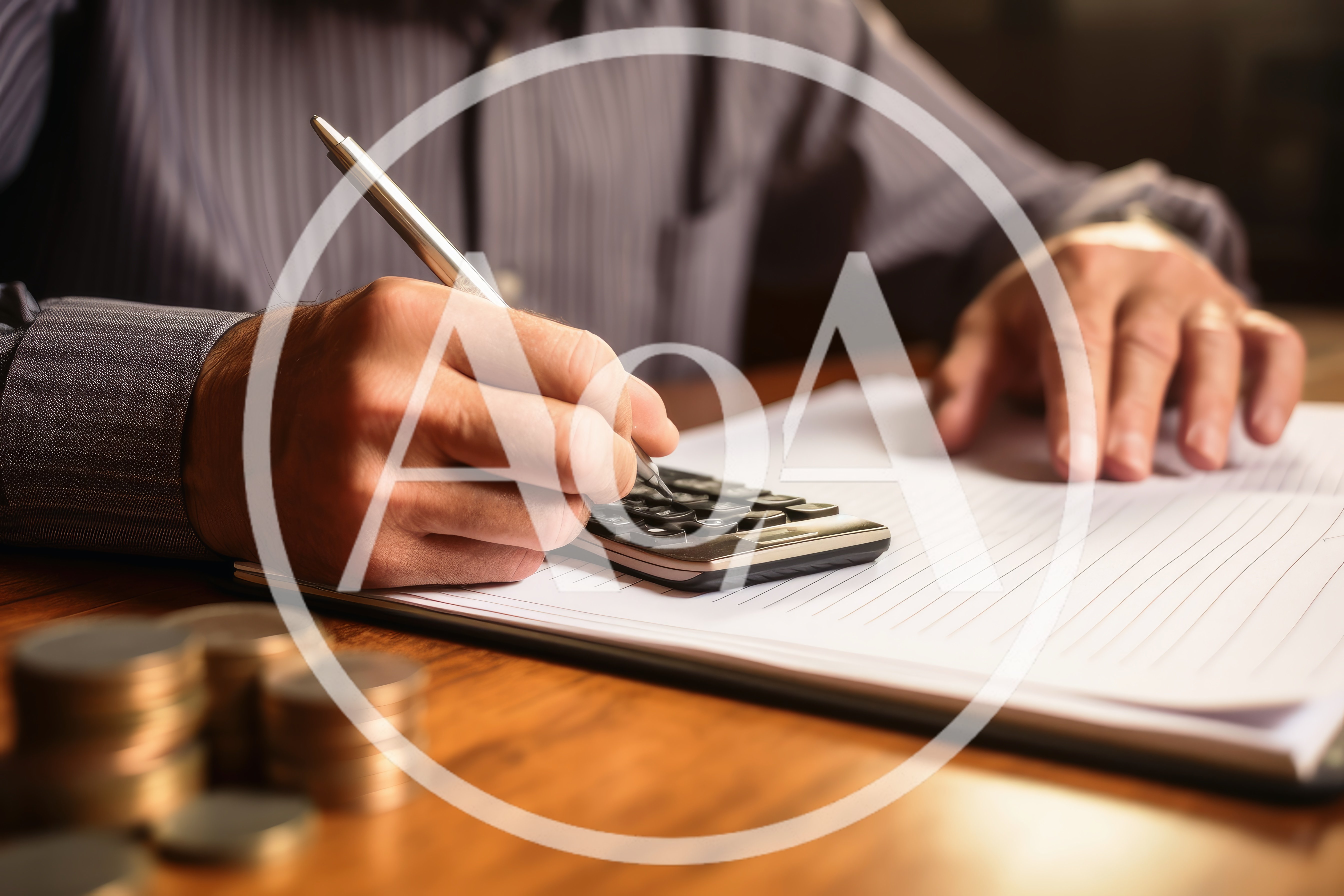 Businessman Calculating Finances With Coins On Desk