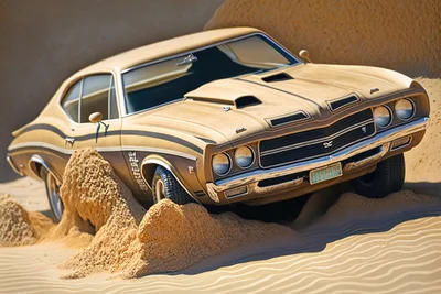 Vintage Muscle Car Stuck In Desert Sand Dunes
