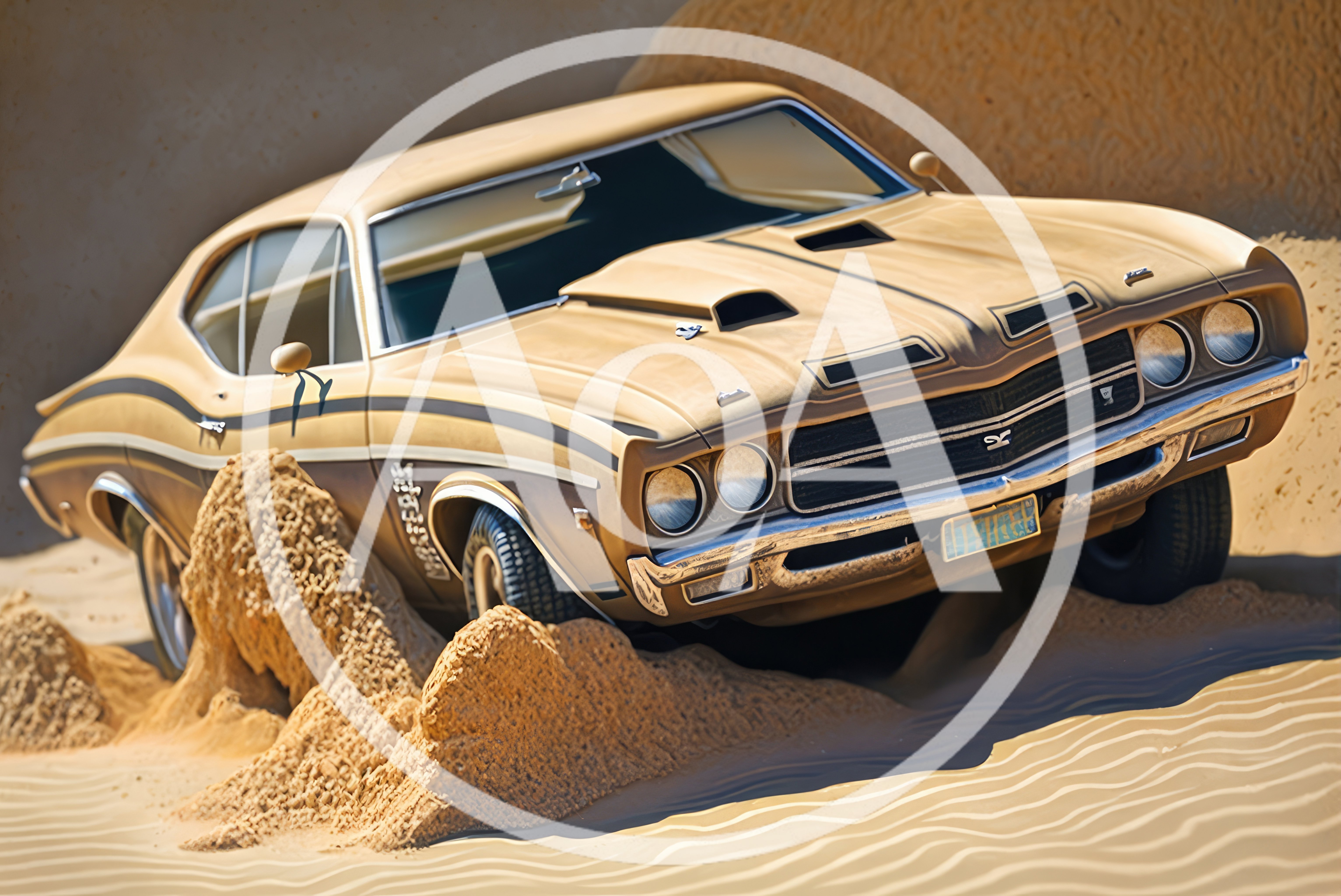 Vintage Muscle Car Stuck In Desert Sand Dunes