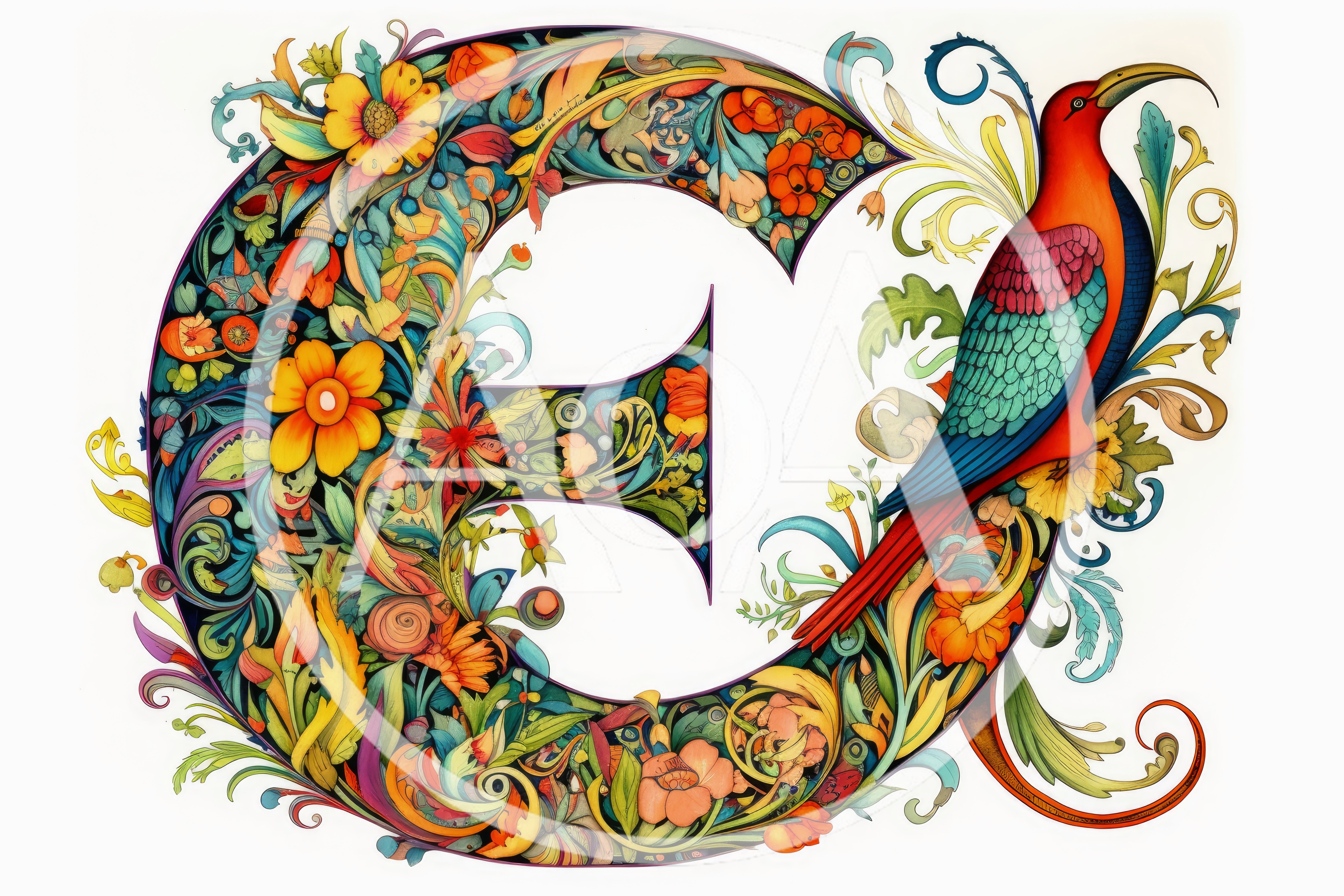Ornate Floral Letter C With Tropical Bird Illustration