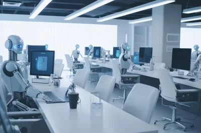 Humanoid Robots Working at Computers in Modern Office