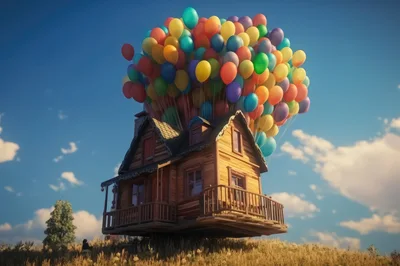Floating Wooden House Lifted By Colorful Balloons