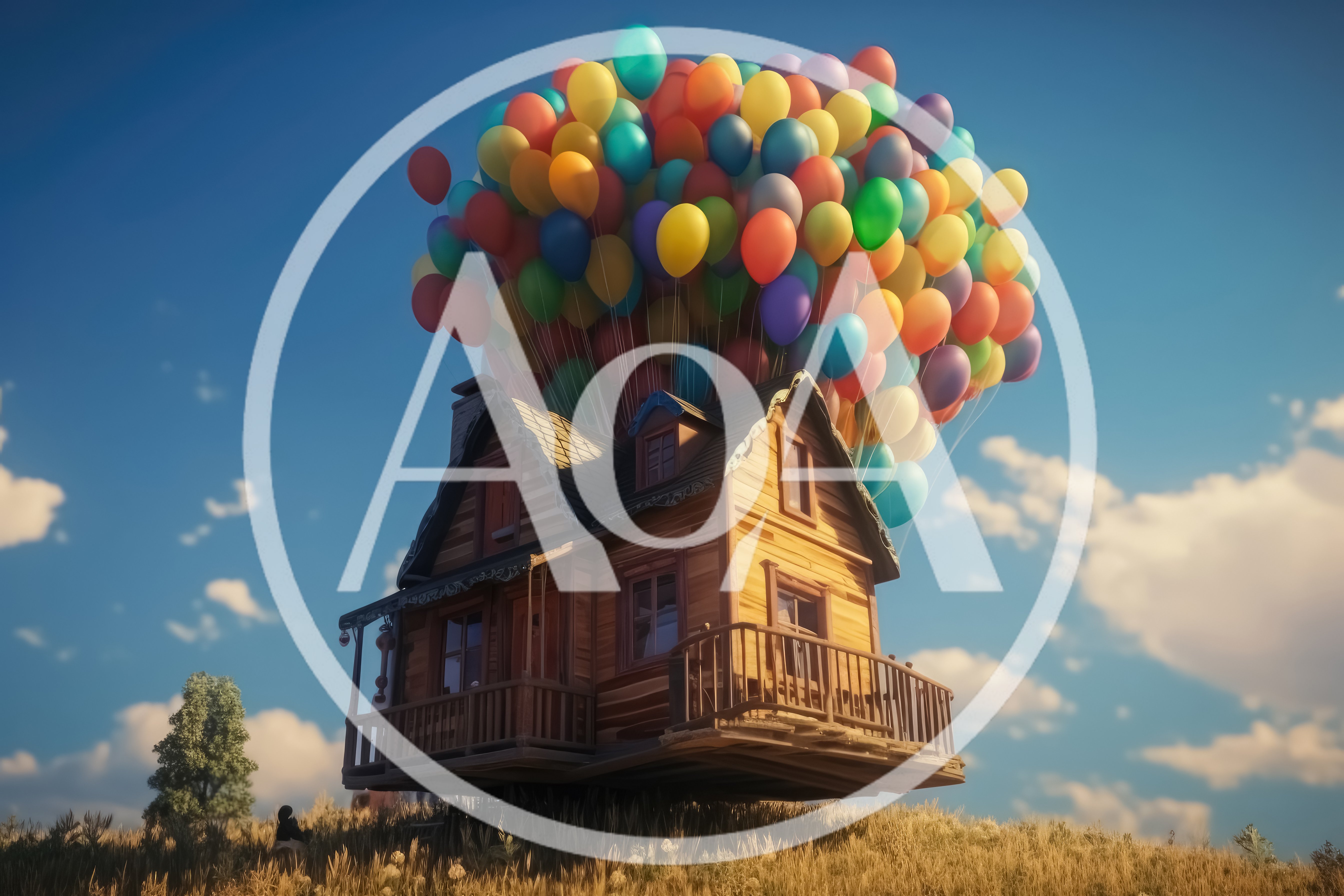 Floating Wooden House Lifted By Colorful Balloons