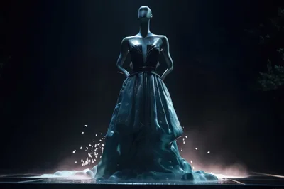 Mannequin Wearing Elegant Evening Gown In Dark Studio