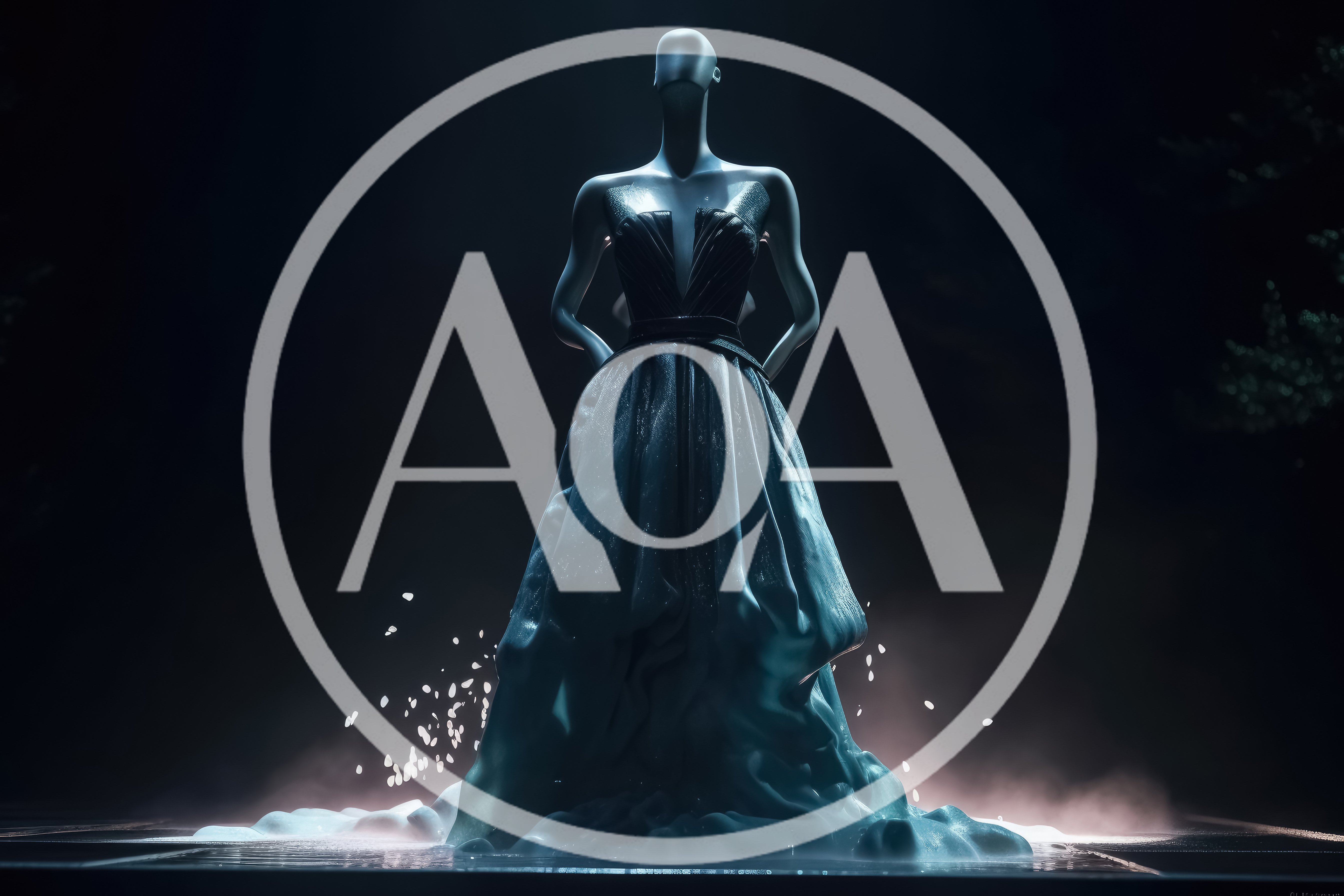 Mannequin Wearing Elegant Evening Gown In Dark Studio