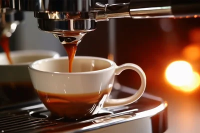 Espresso Machine Pouring Fresh Coffee Into Ceramic Cup