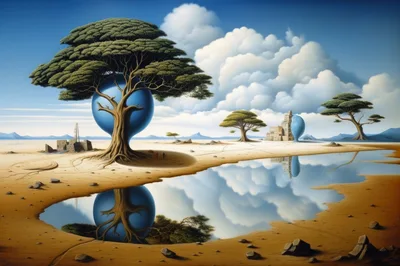 Surreal Desert Landscape With Blue Spheres And Trees