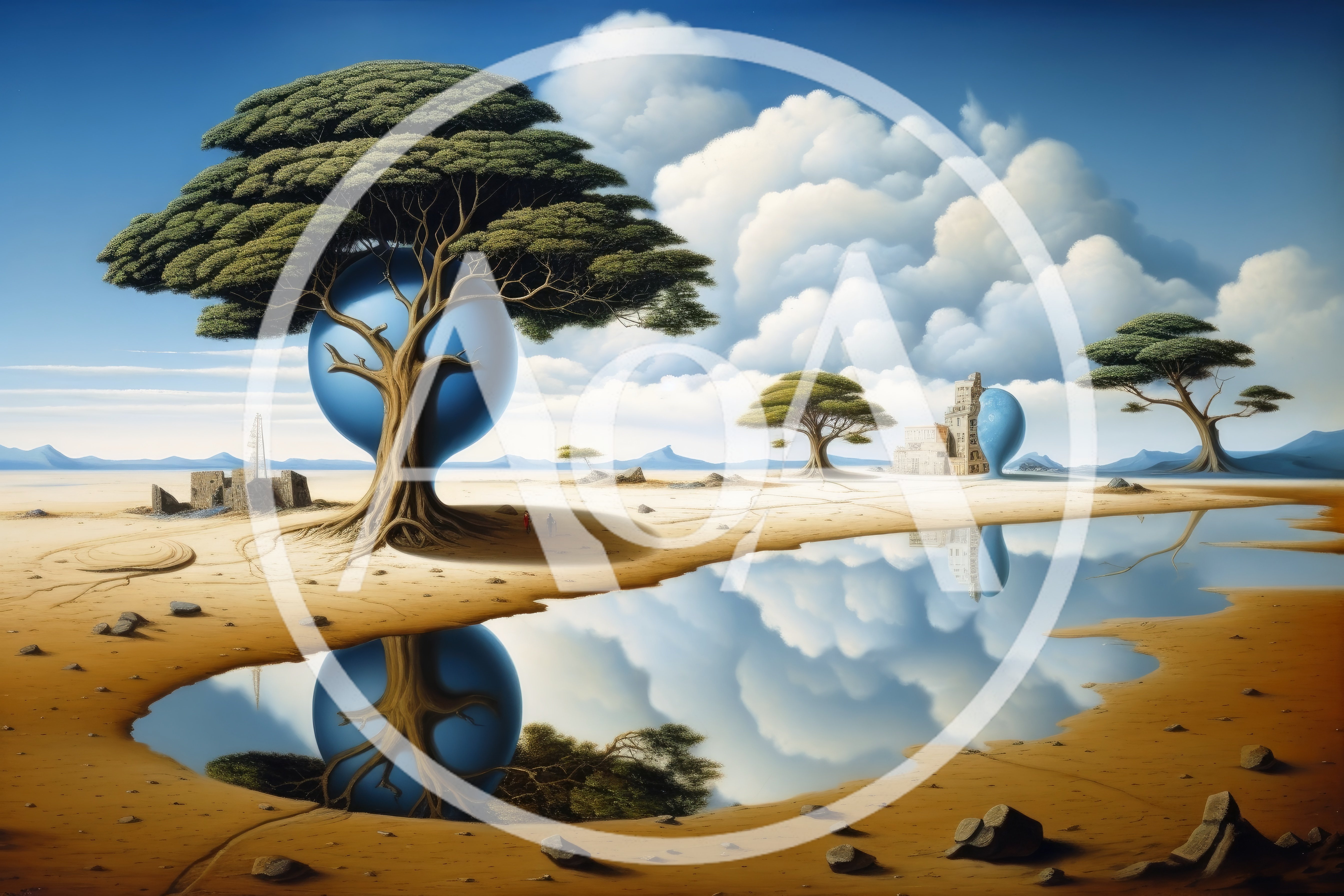 Surreal Desert Landscape With Blue Spheres And Trees