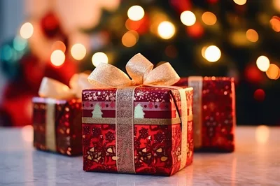 Three Red Christmas Gift Boxes With Gold Ribbons