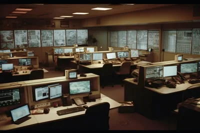 Empty Office Surveillance Room With Multiple Computer Monitors