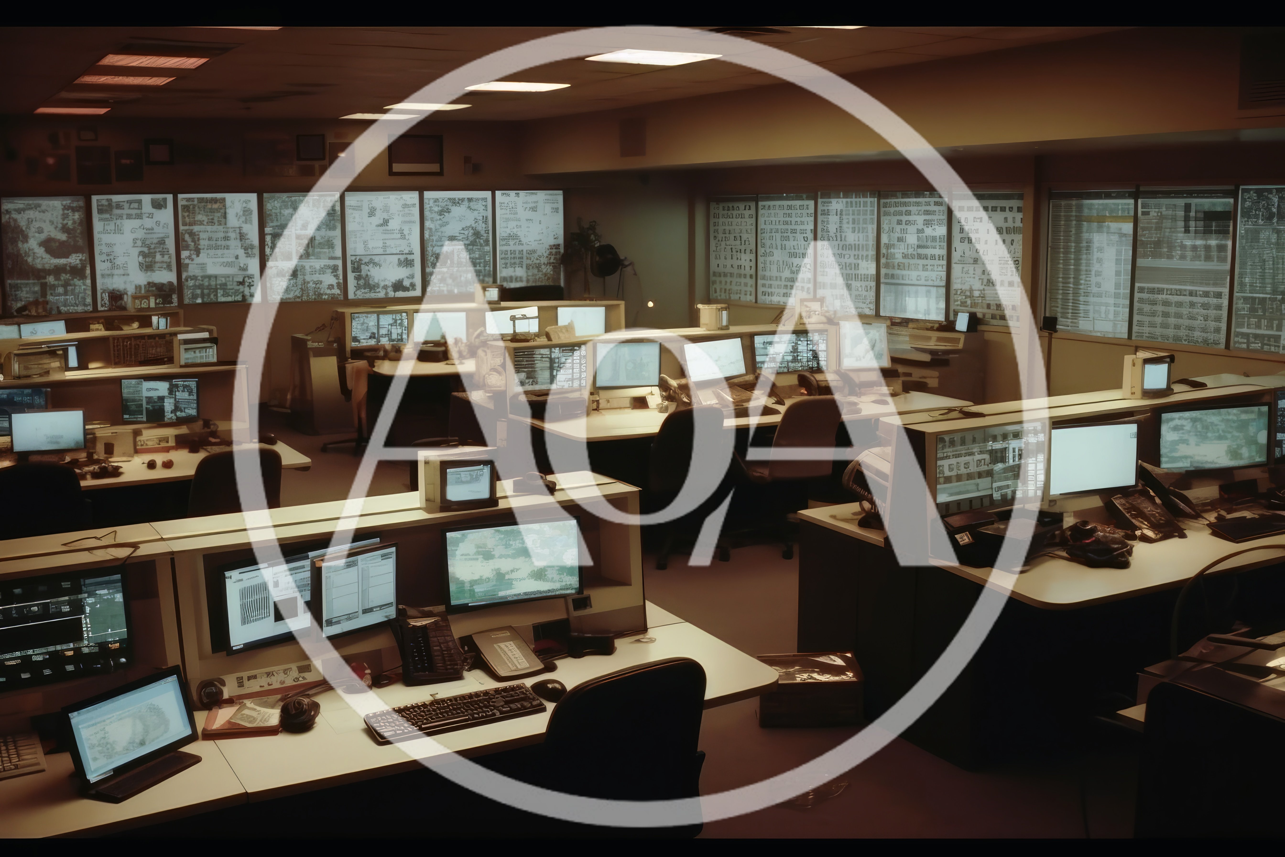 Empty Office Surveillance Room With Multiple Computer Monitors