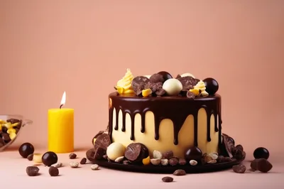 Chocolate Drip Cake With Candle And Candy Toppings