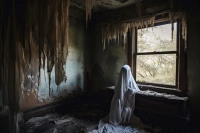Ghostly Figure Draped In White Sheet By Window