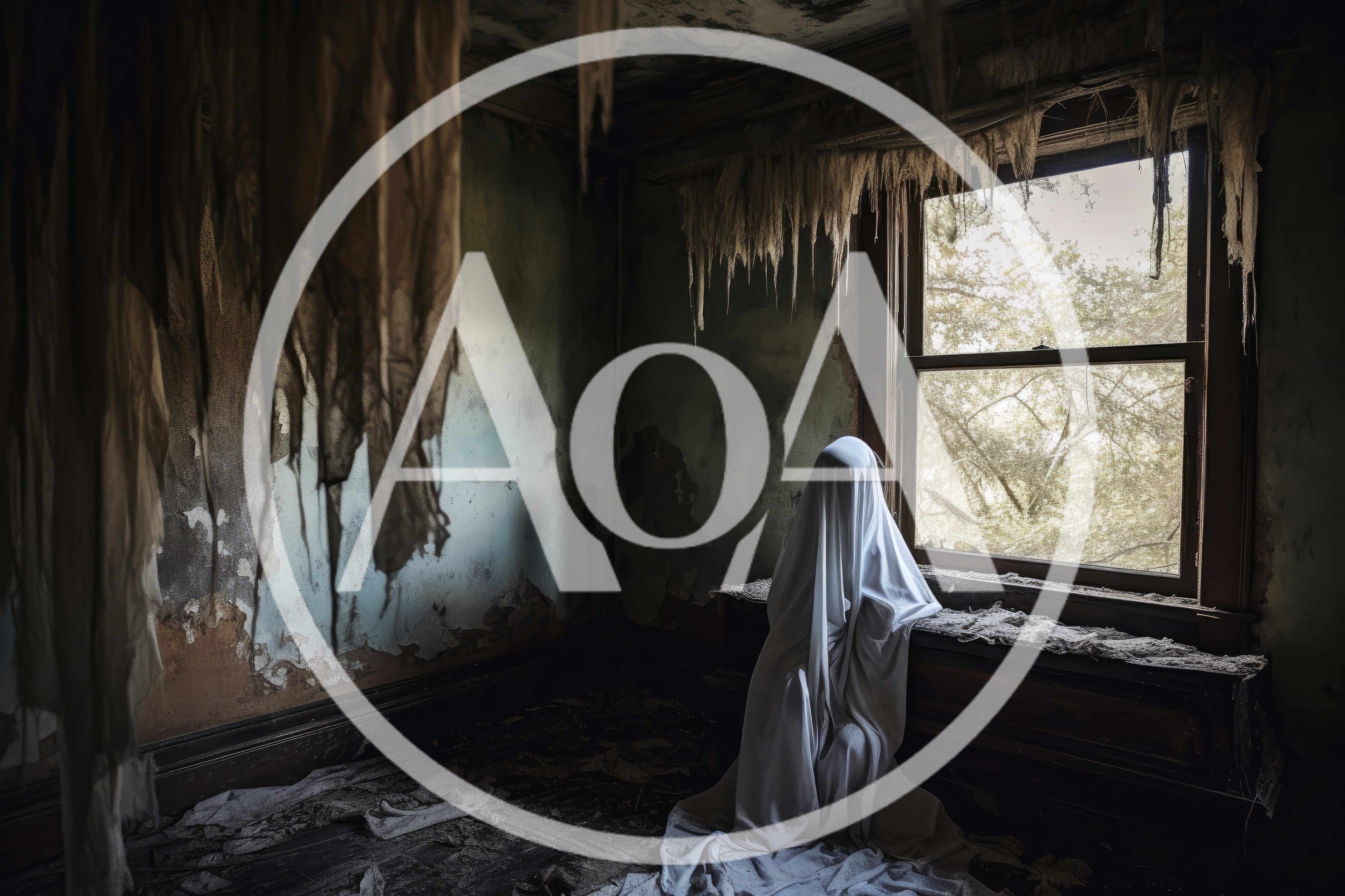 Ghostly Figure Draped In White Sheet By Window