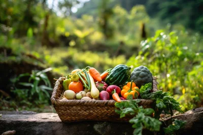 Fresh Harvest Vegetables In A Woven Basket